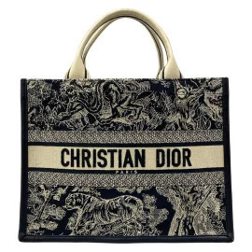 Christian Dior Book Tote Bag Embroidered Dark Navy Blue x Ivory White
